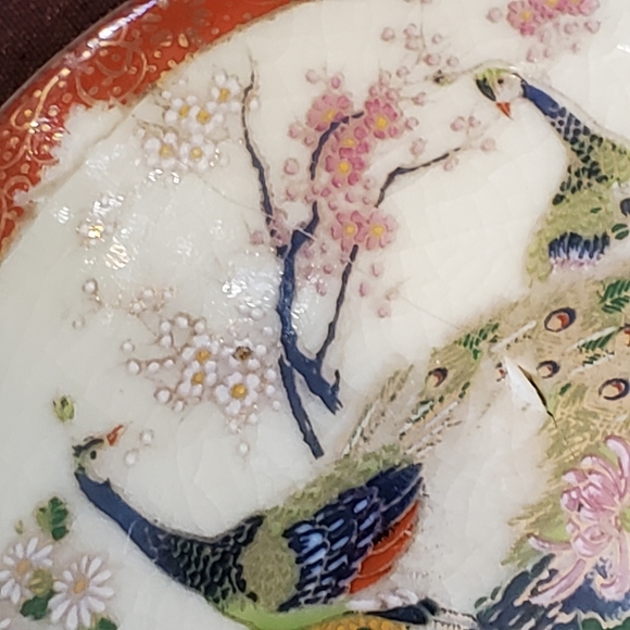 Vintage Satsuma Japanese peacock trinket box orange and gold trim - Picture 5 of 12